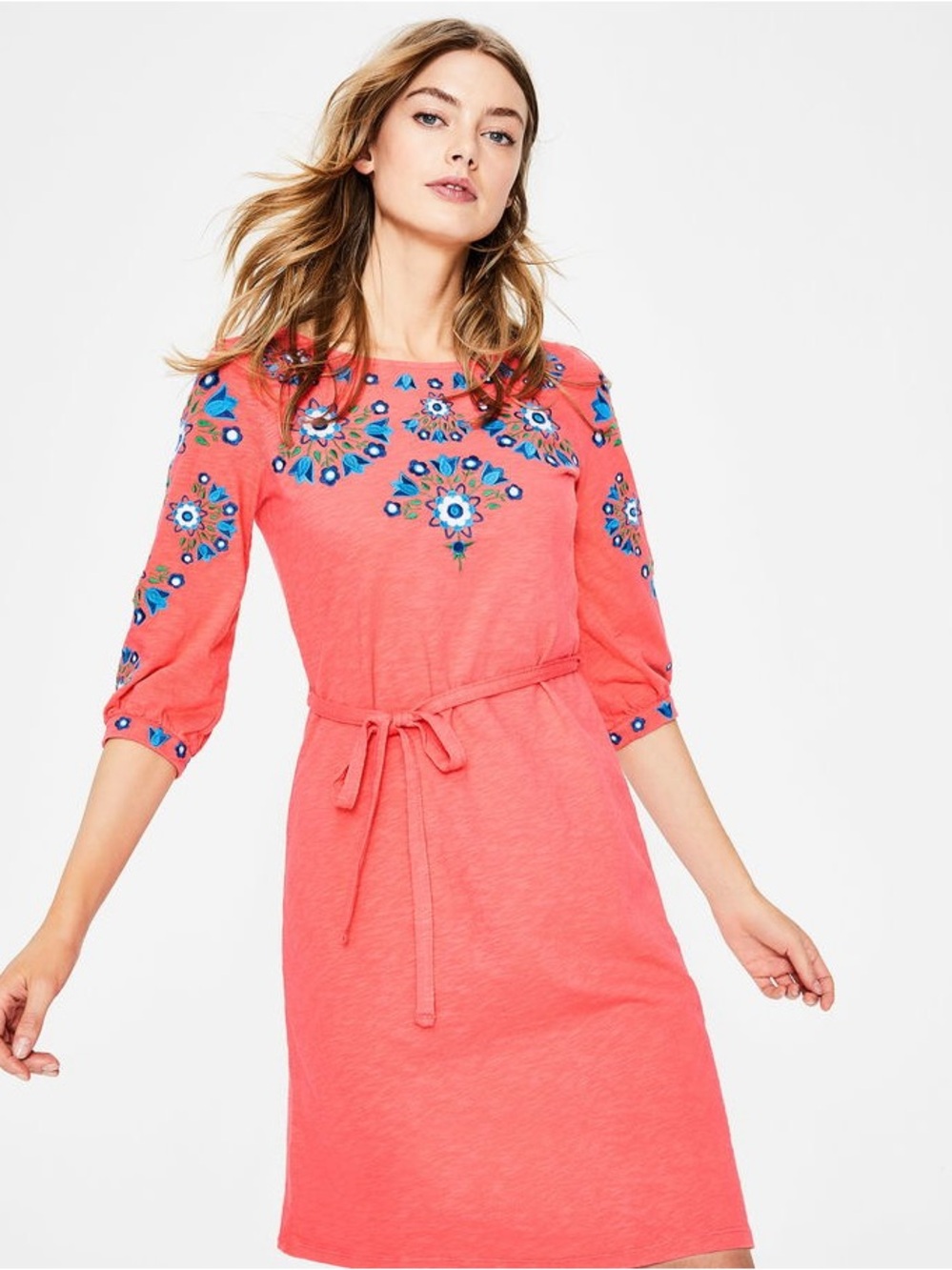 Boden Leyla Embroidered Coral Jersey Dress with Blue Floral Pattern- US 14 UK 18
